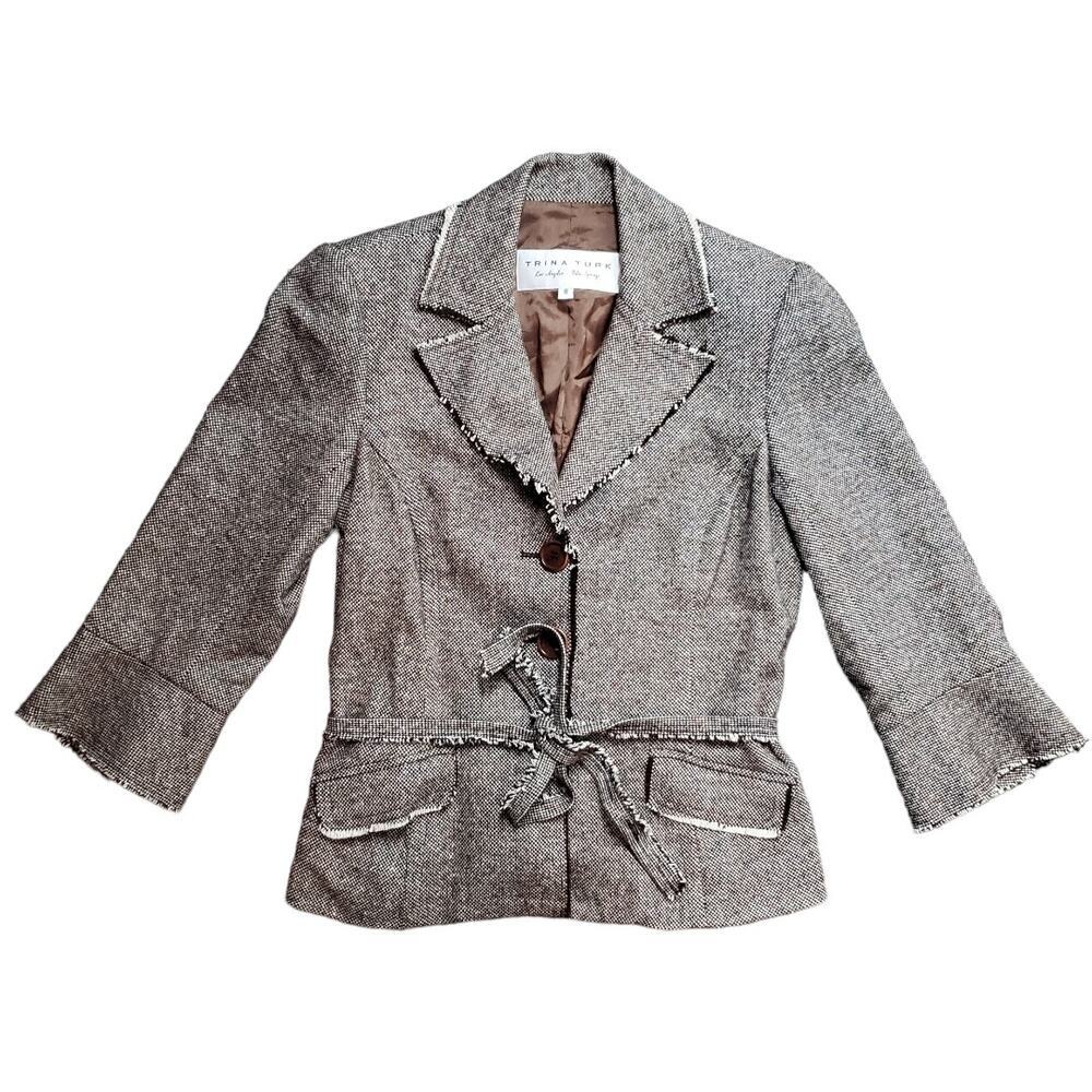 Trina Turk Houndstooth Blazer 8 Belted Jacket Dark Academia Preppy Career Work
